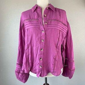 Lightweight Button-Front Gauze Shirt in Bright Pink